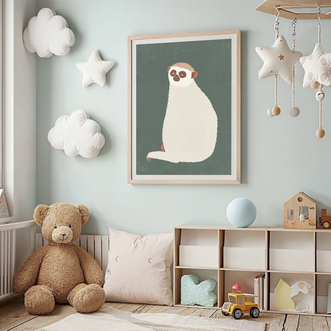 Sloth Cream Illustration On Forest Green Minimalist Kids Animal Poster - Image 2