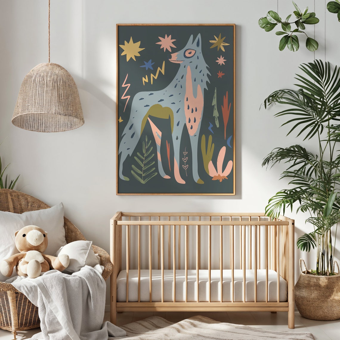 Celestial Gray Wolf Starry Night Folk Art Animal Wall Poster - Image 3