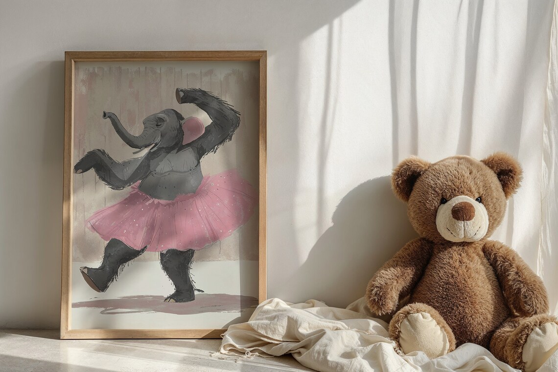 Whimsical Elephant Ballet Dancer Pink Tutu Kids Nursery Wall Art Poster - Image 5