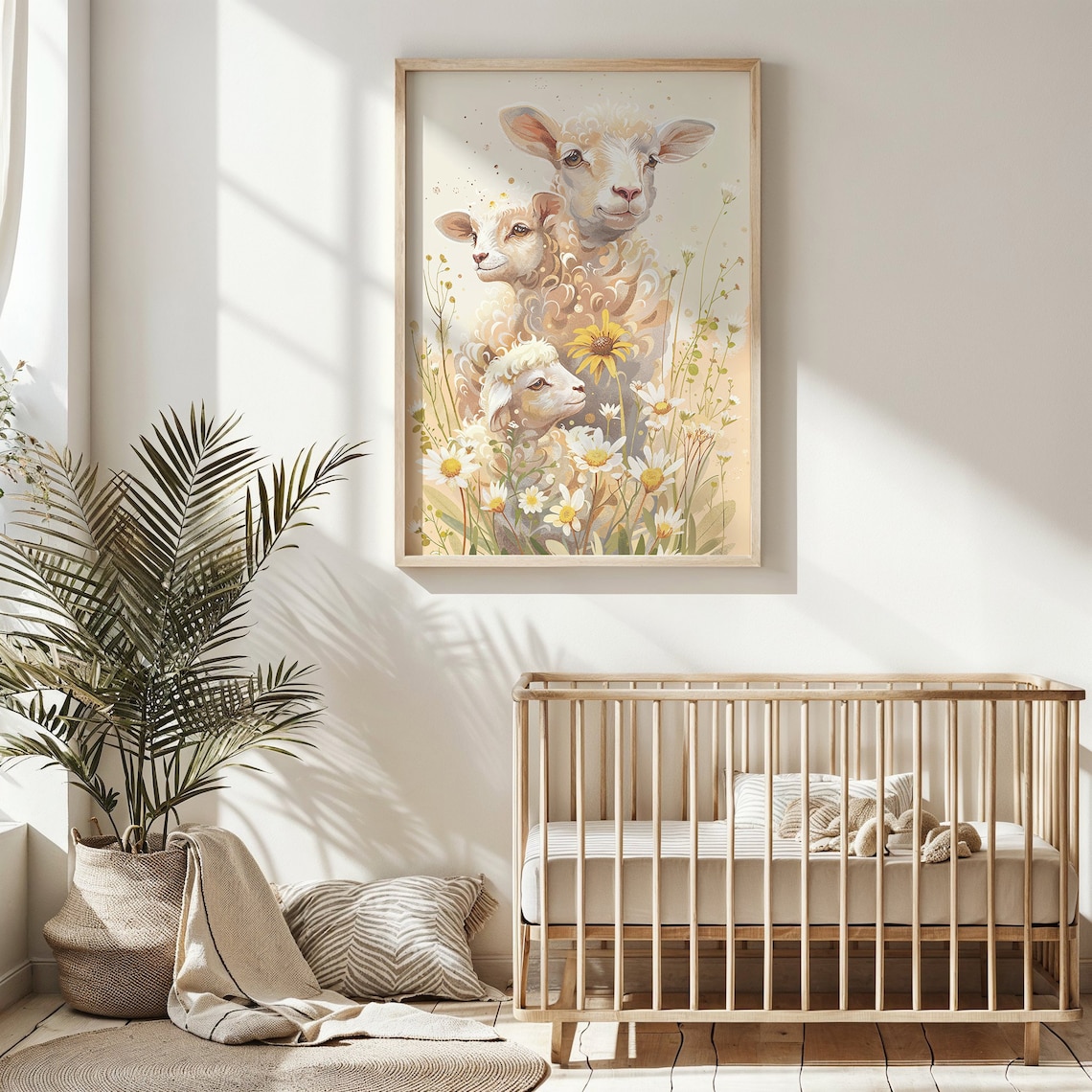 Mother Sheep And Two Lambs Daisy Meadow Watercolor Nursery Poster - Image 5