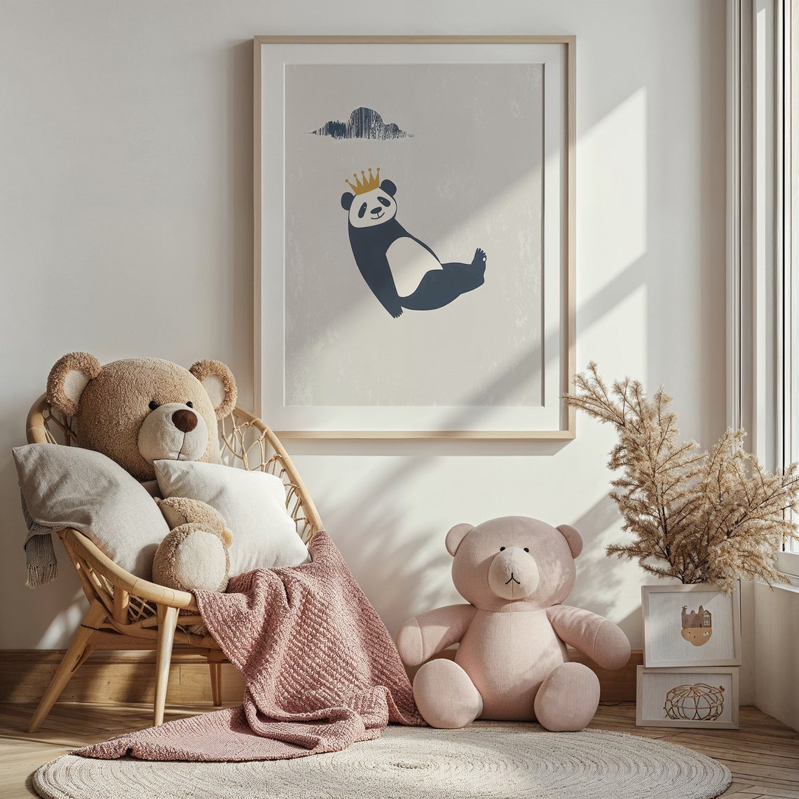 Navy Panda Gold Crown Minimalist Beige Neutral Kids Room Wall Poster - Image 3