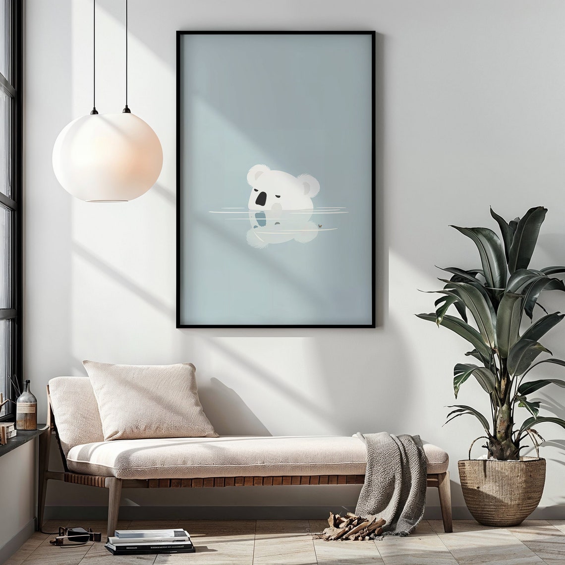 Sleepy Koala Floating Calm Blue Water Minimalist Nursery Wall Poster