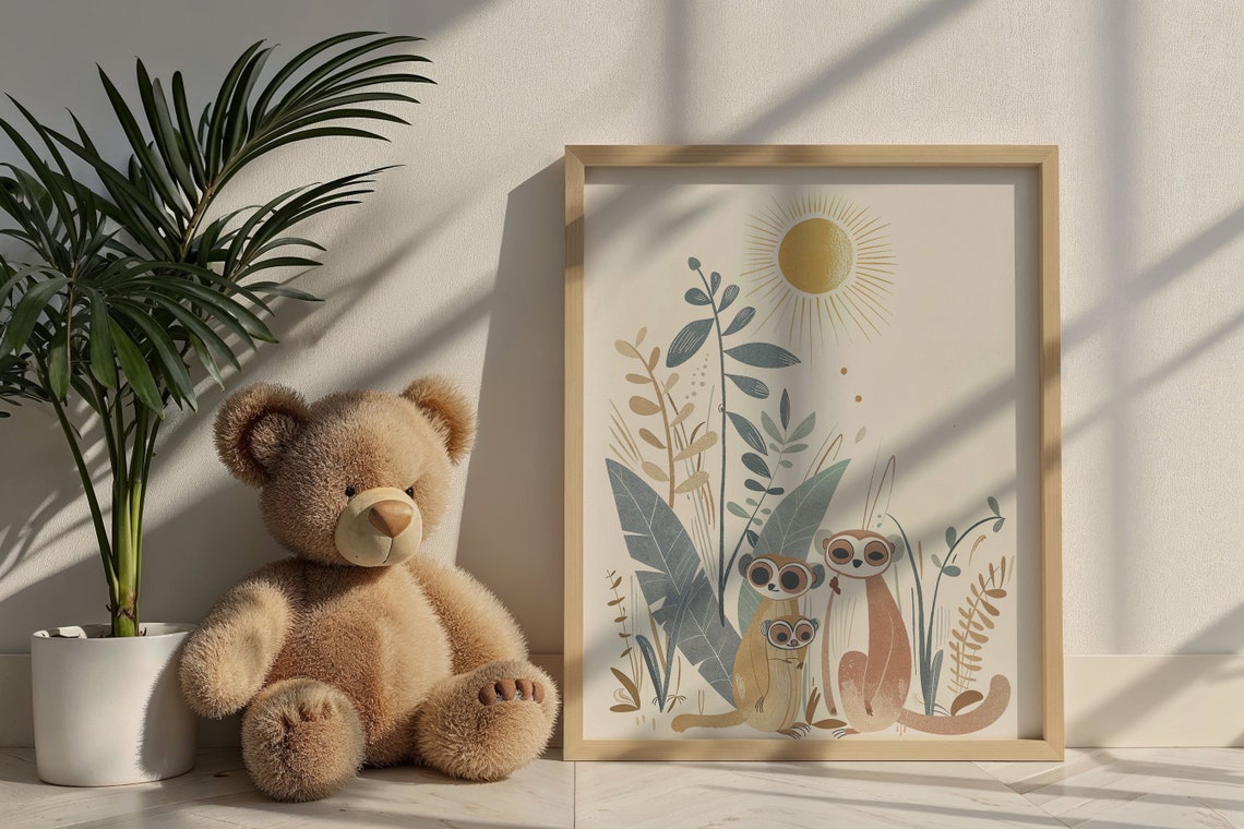 Meerkat Family Sun Nursery Poster Jungle Foliage Cute Kids Room Art - Image 6