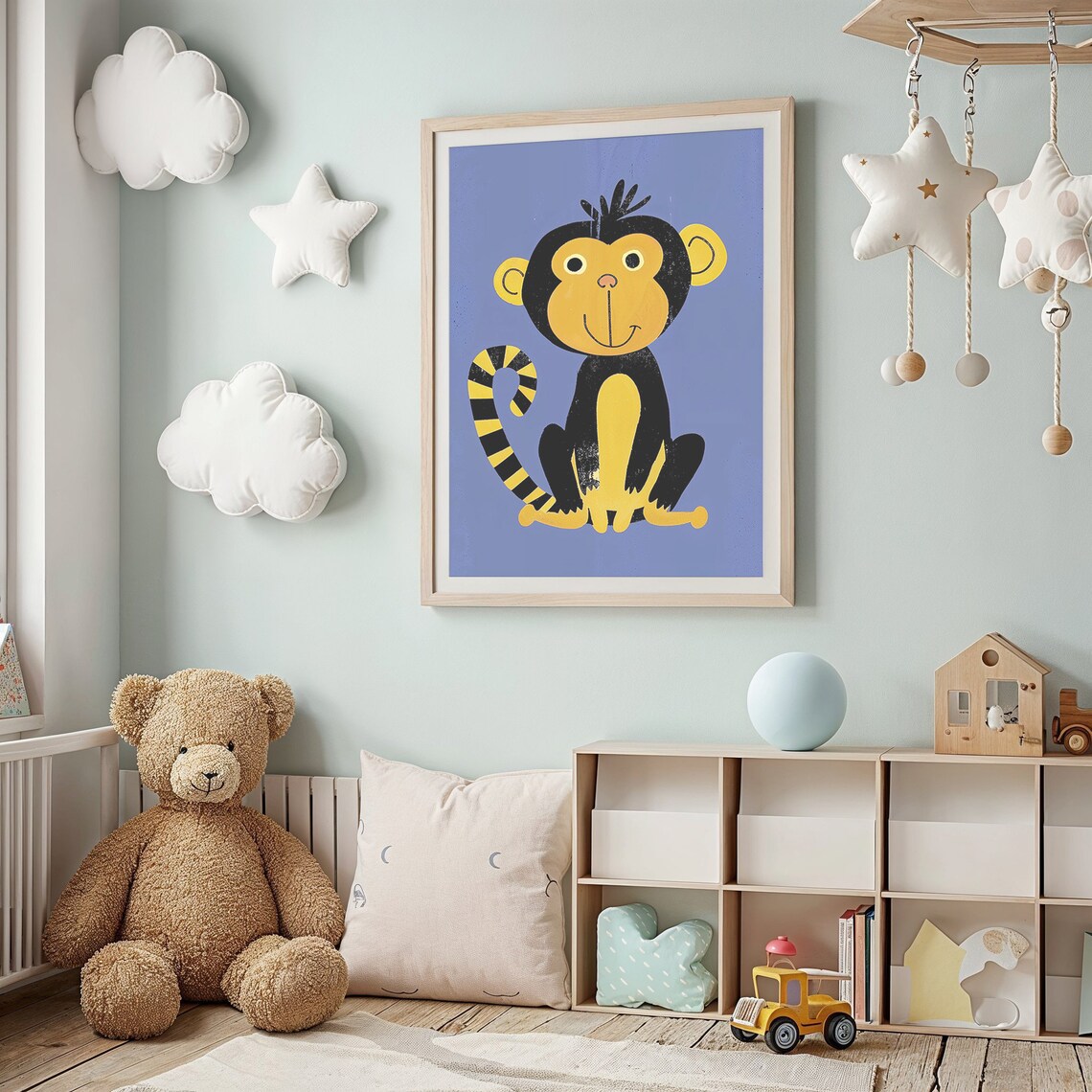 Smiling Yellow Monkey Cartoon Illustration Nursery Kids Room Animal Poster - Image 3