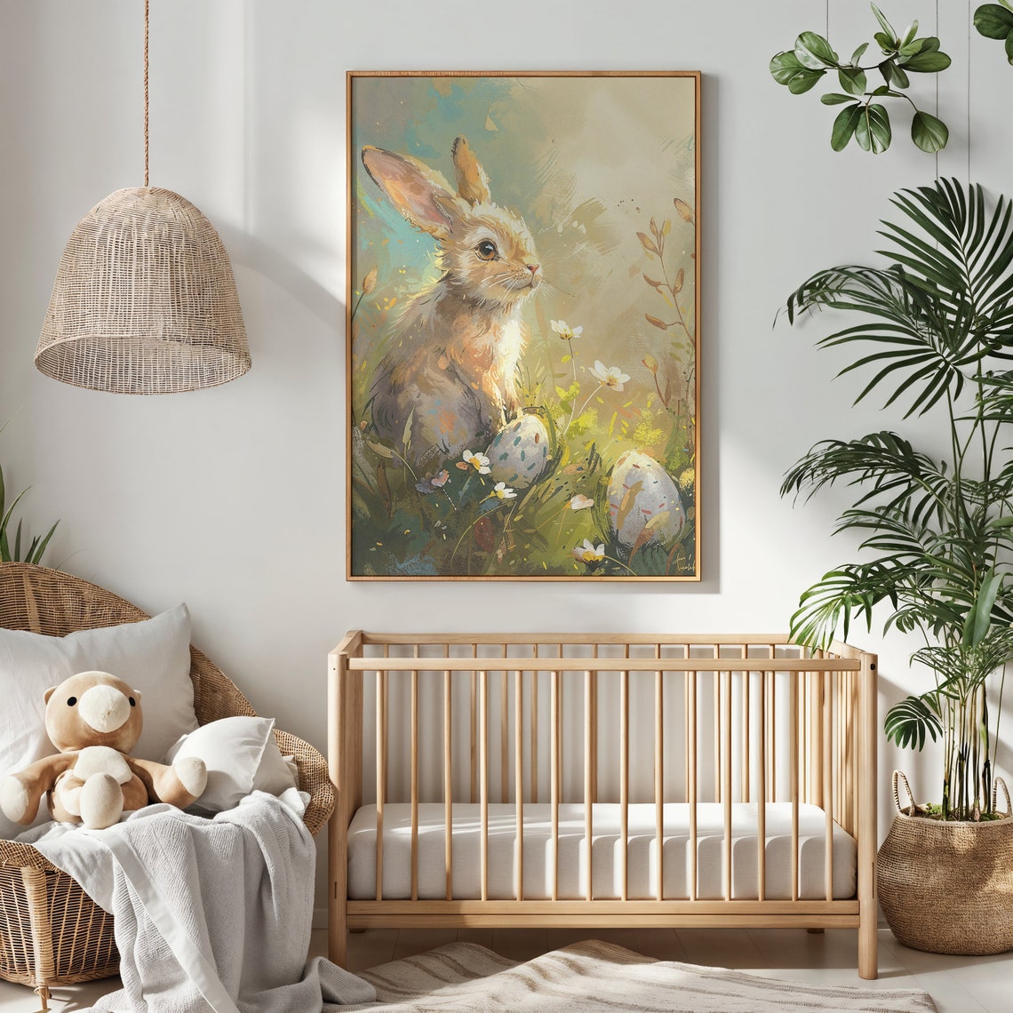Light Brown Bunny Meadow Glow Painted Eggs Pastel Easter Poster - Image 3