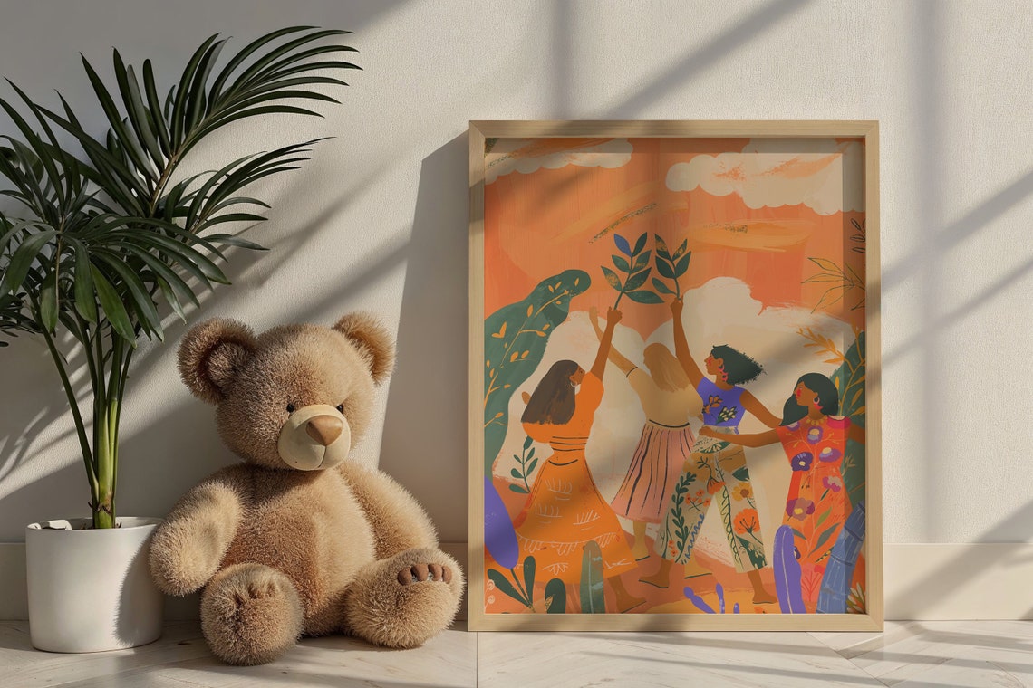 Diverse Women Holding Branches Aloft Orange Sky Friendship Poster - Image 4