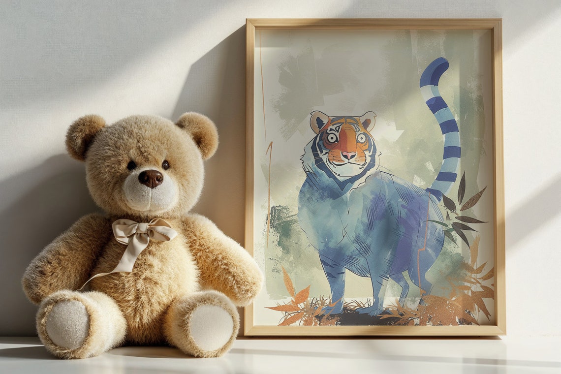 Whimsical Blue Tiger Watercolor With Orange Face Jungle Art Print - Image 6