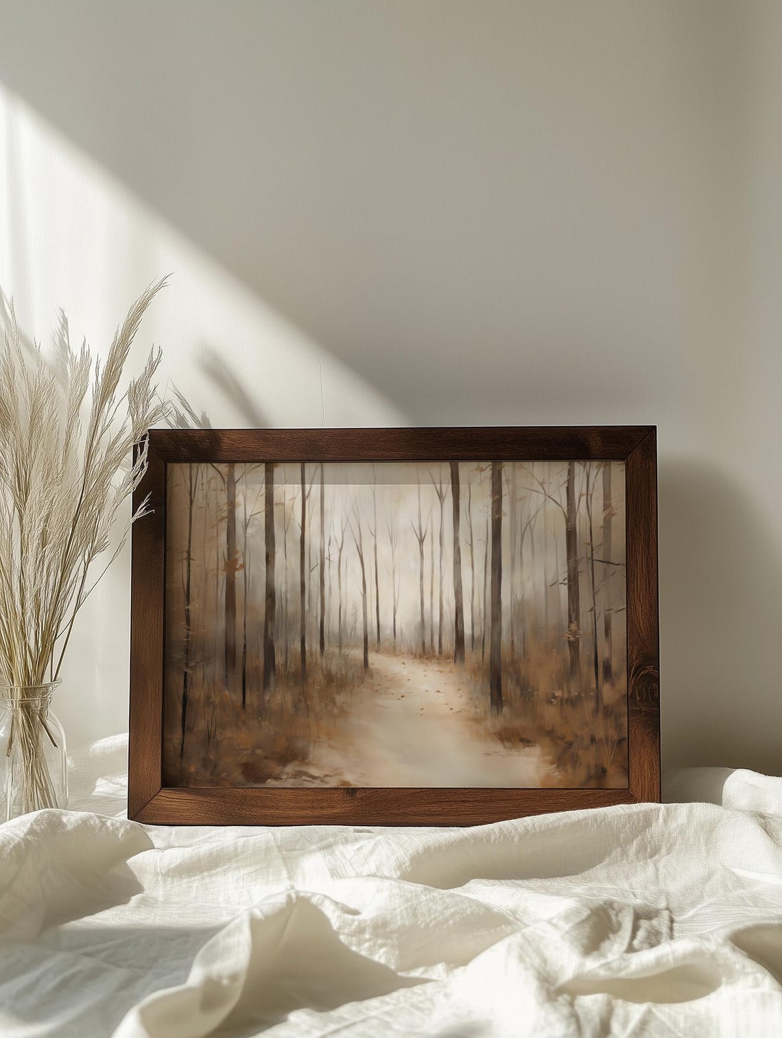 Misty Forest Path Through Tall Trees Neutral Beige Woodland Poster - Image 5