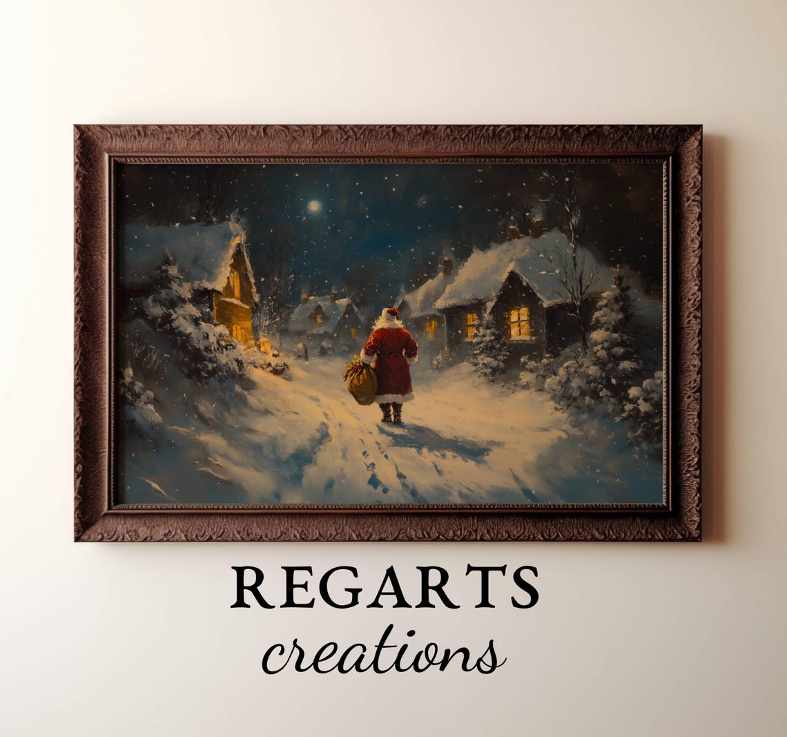 Santa Claus Walking Through Snowy Village On Christmas Eve Poster - Image 4
