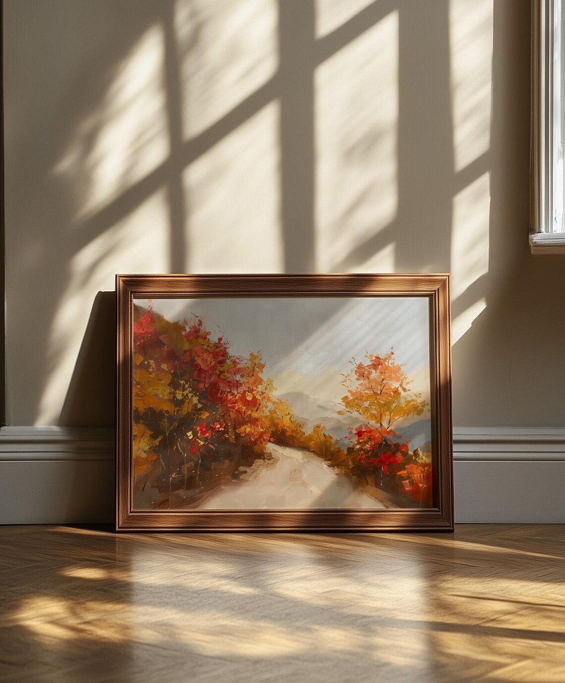 Autumn Mountain Road Painting Golden Leaves Sunlit Forest Poster - Image 4