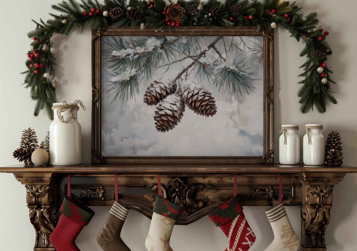 Antique Pine Cone Oil Painting, Elegant Winter Scene
