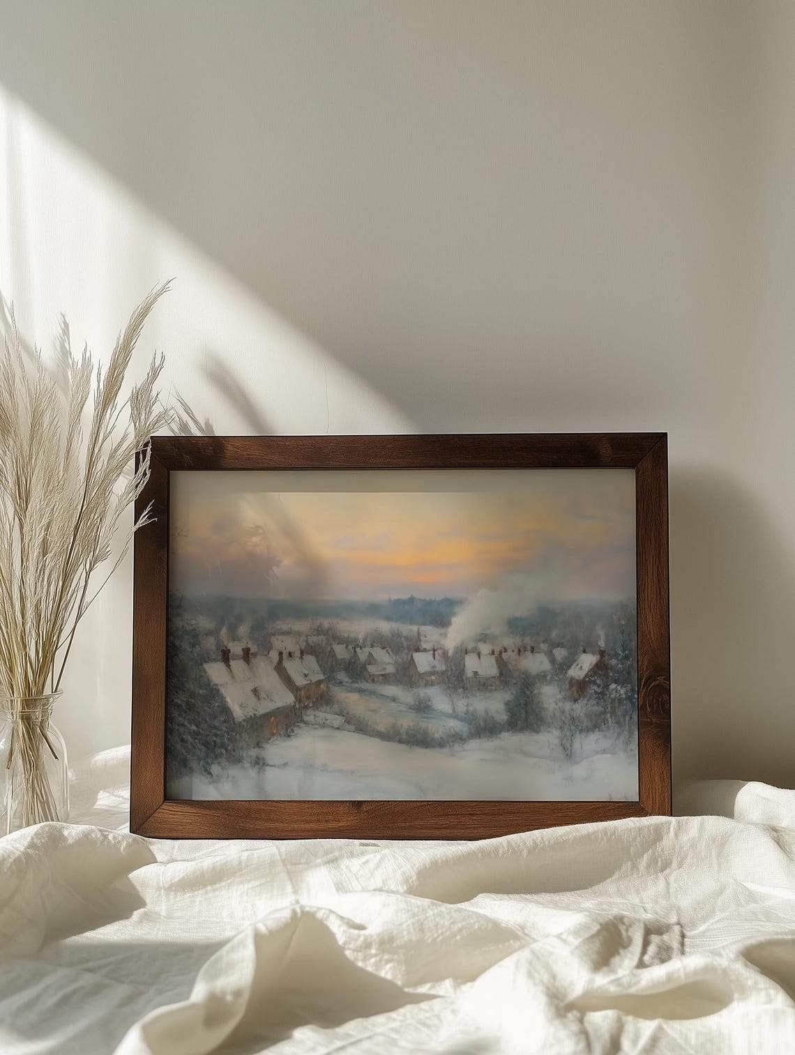 Snowy Village At Sunset Smoke Rising Chimneys Winter Evening Poster - Image 7