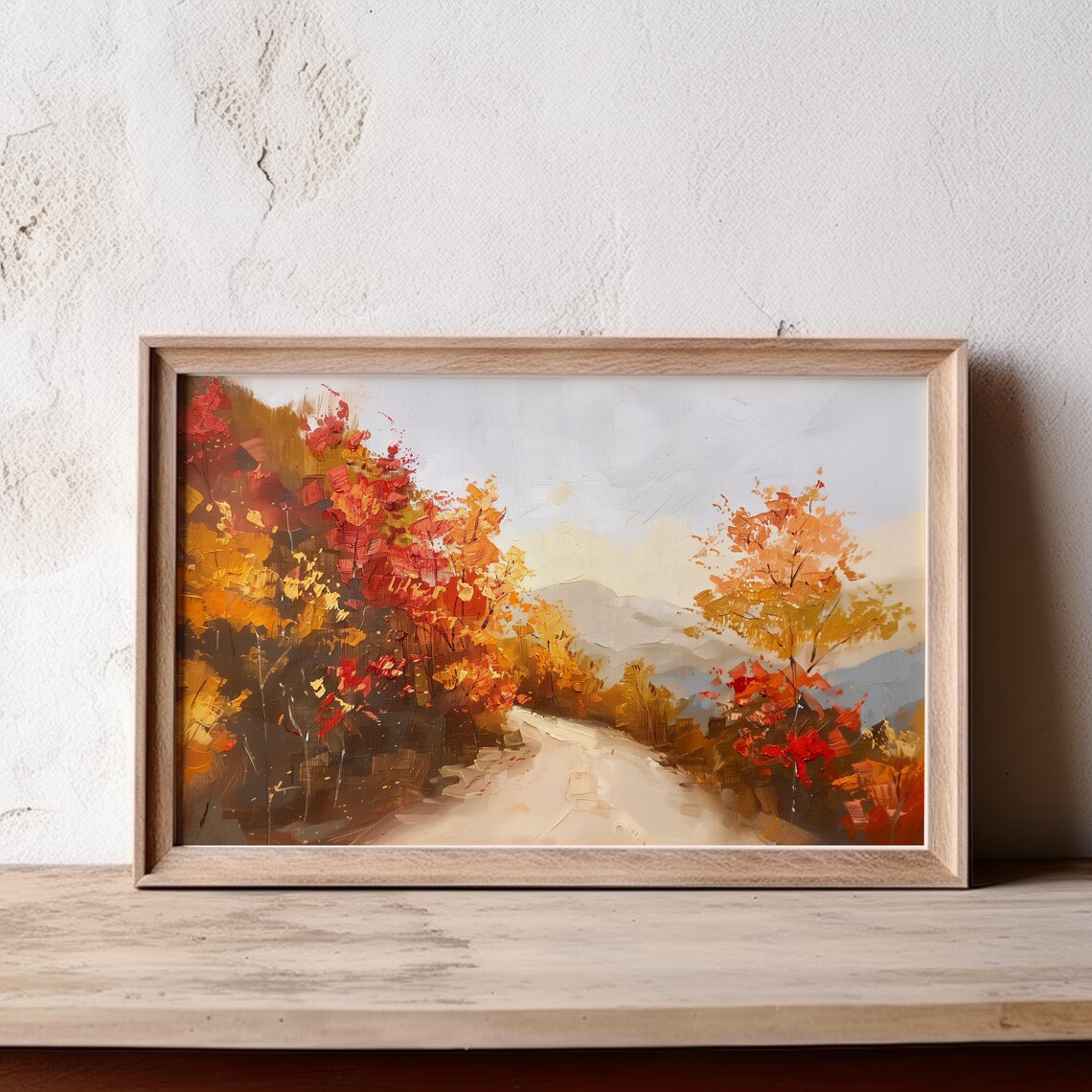Autumn Mountain Road Painting Golden Leaves Sunlit Forest Poster