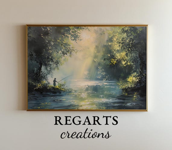 Morning Mist River Scene With Fisherman Peaceful Forest Oil Painting Art Regarts