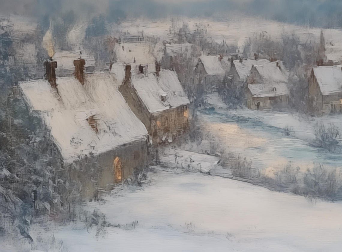 Snowy Village At Sunset Smoke Rising Chimneys Winter Evening Poster - Image 3