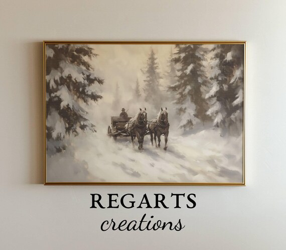 Antique Horse Sleigh Ride Through Snowy Forest Oil Painting Poster