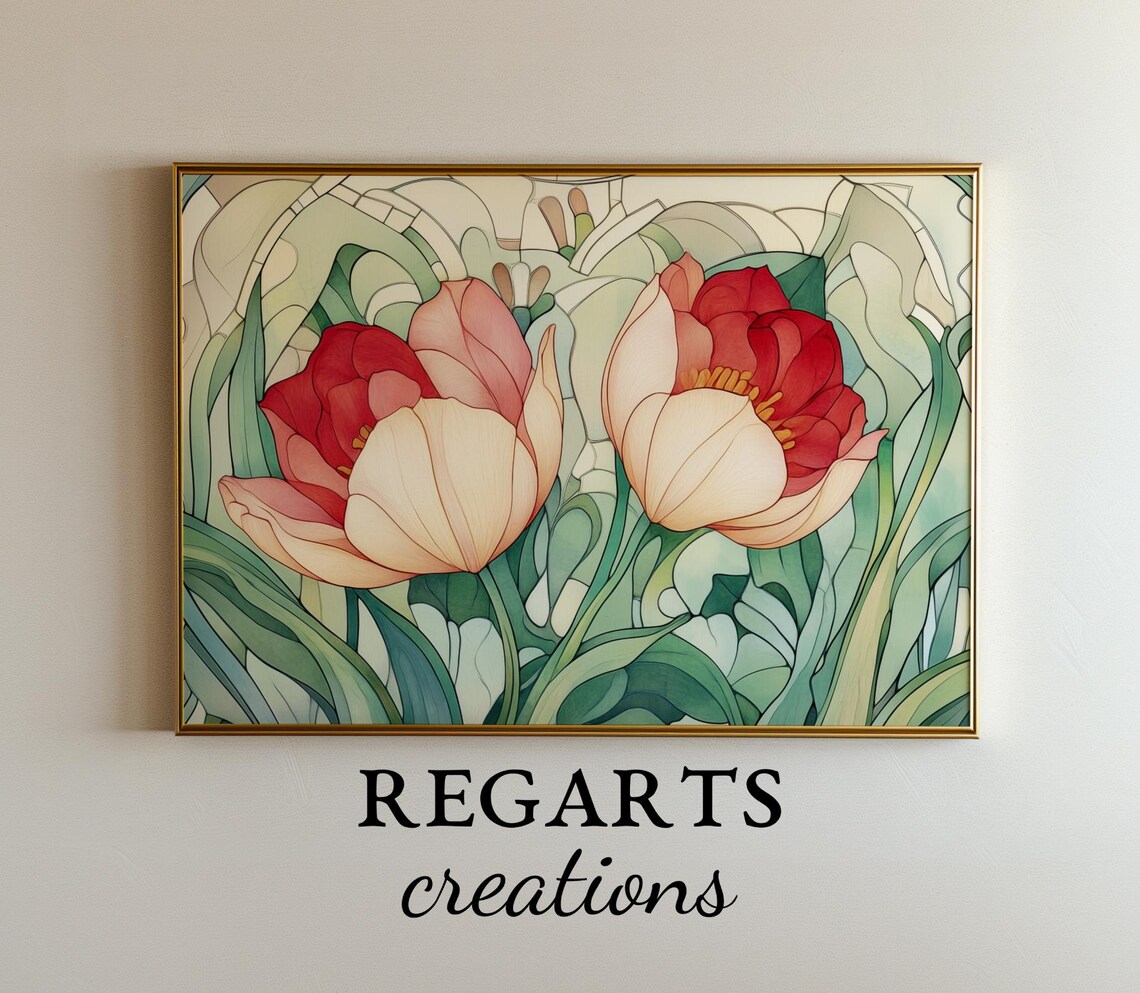 Art Nouveau Red And Cream Tulips Stained Glass Style Floral Poster