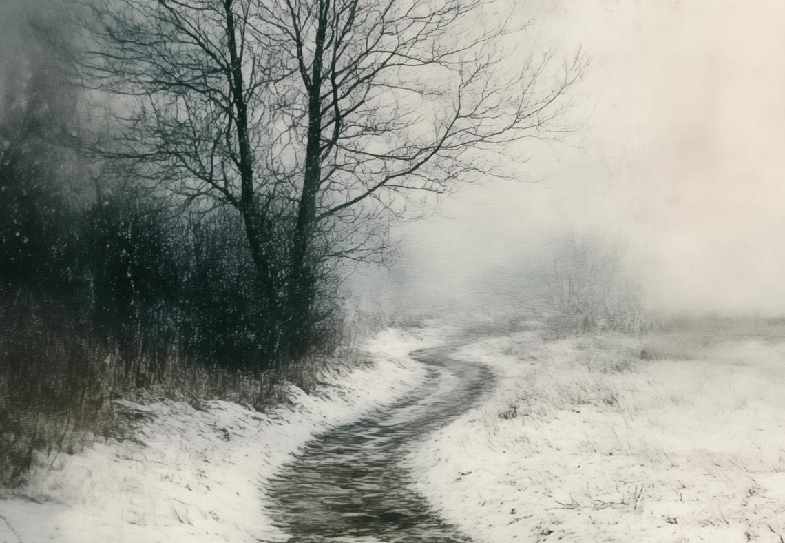 Snowy Path Through Winter Field Bare Tree Misty Country Poster - Image 3