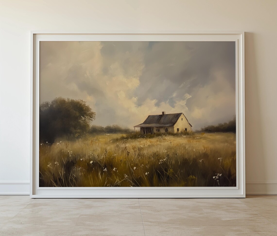 Country Farmhouse Painting Golden Field Cloudy Sky Rural Poster - Image 6