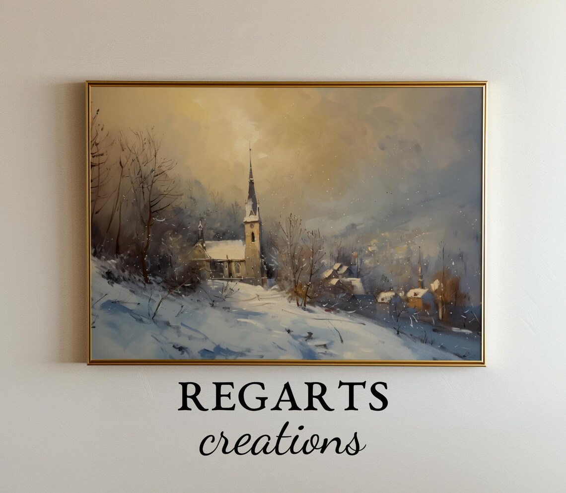 Winter Church Scene Painting Snowy Village At Golden Light Poster
