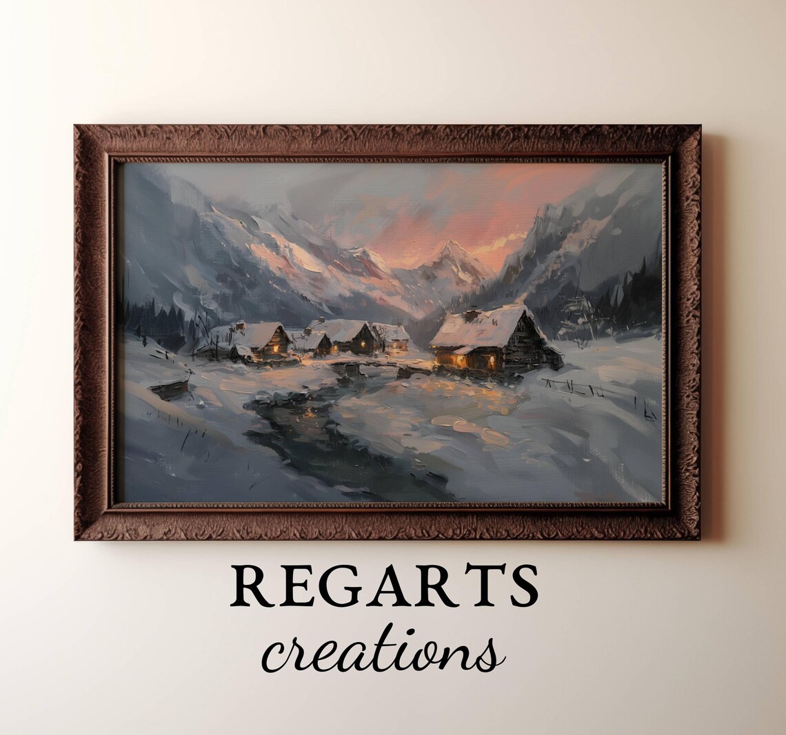 Snowy Alpine Village Cabins At Sunset Mountain Oil Painting Poster - Image 3