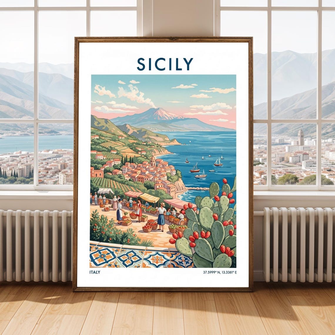 Sicily Italy Coastal Market Etna View Vintage Mediterranean Poster