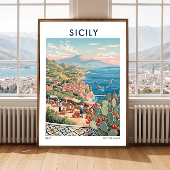 Sicily Italy Coastal Market Etna View Vintage Mediterranean Poster