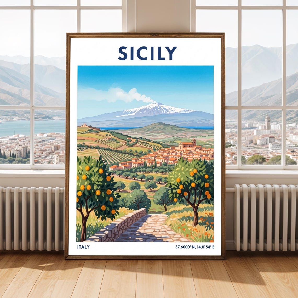 Sicily Italy Vintage Travel Poster Mount Etna Orange Groves Village