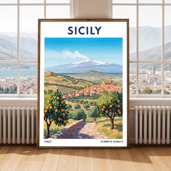 Mount Etna Art Print Mediterranean Landscape Illustration Travel Poster