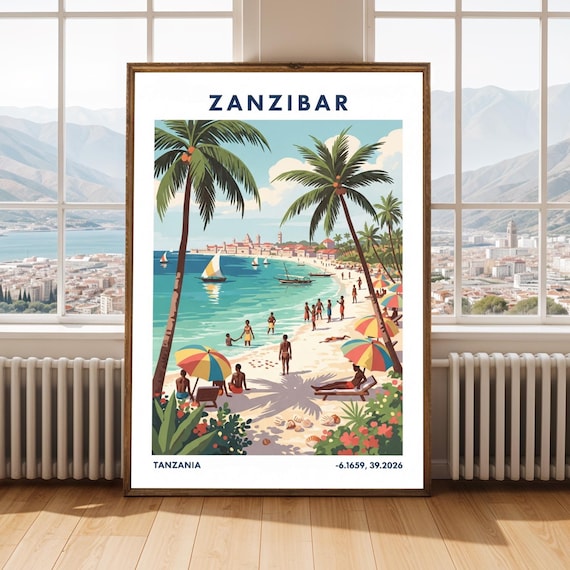 Zanzibar Tanzania Beach Vintage Travel Poster Palm Trees Umbrellas