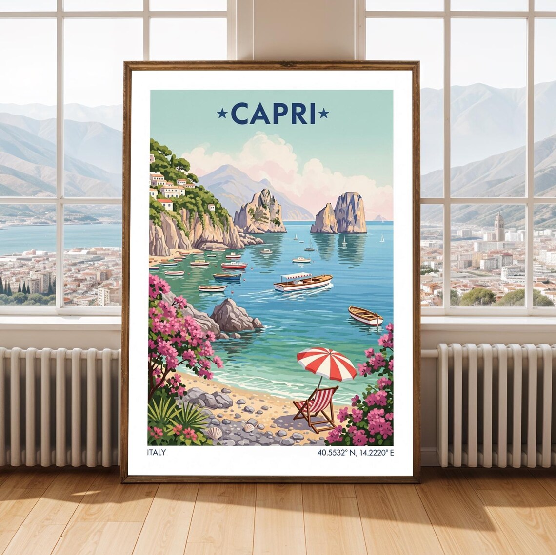 Capri Italy Faraglioni Rocks Beach Umbrella Vintage Travel Poster