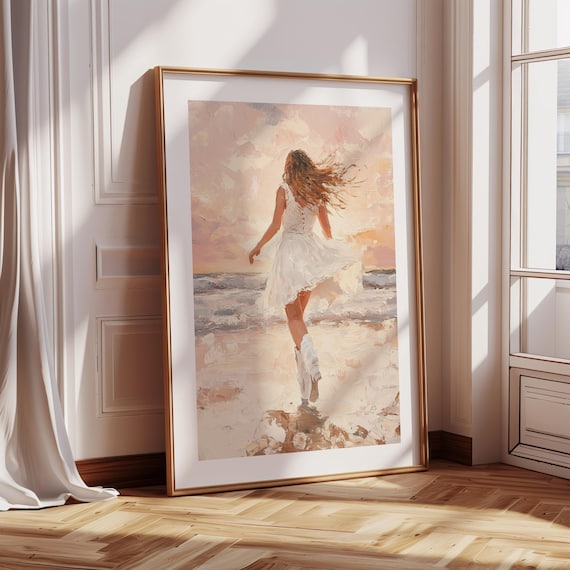 Coastal Cowgirl Running on Beach Sunset Boho Western Art Poster