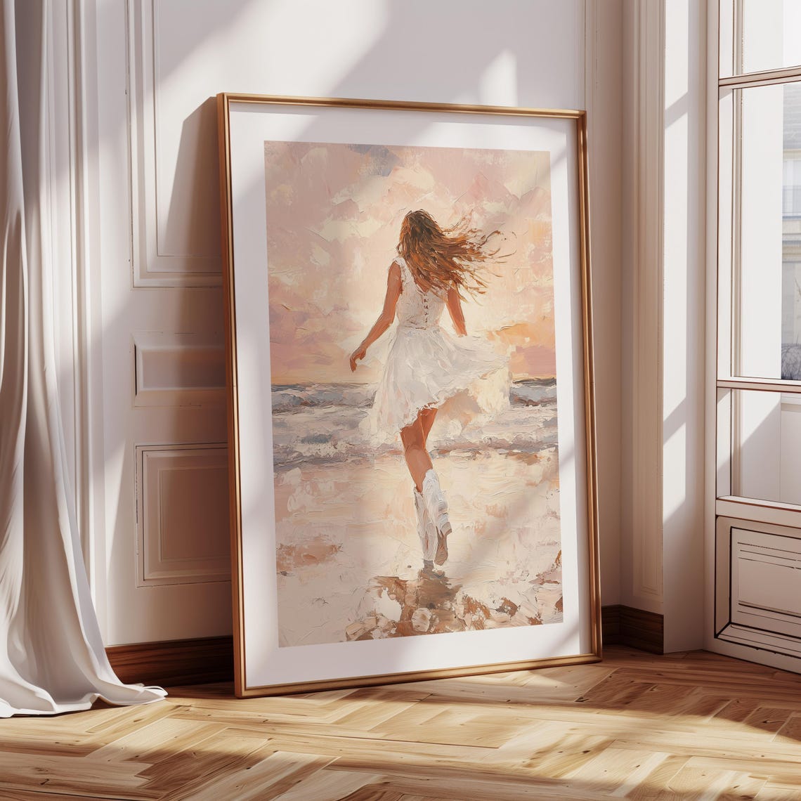 Coastal Cowgirl Running on Beach Sunset Boho Western Art Poster