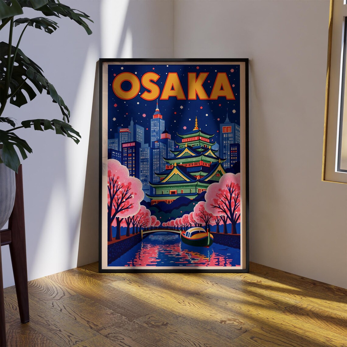 Osaka Japan Night Skyline Castle Cherry Blossom Retro Travel Poster