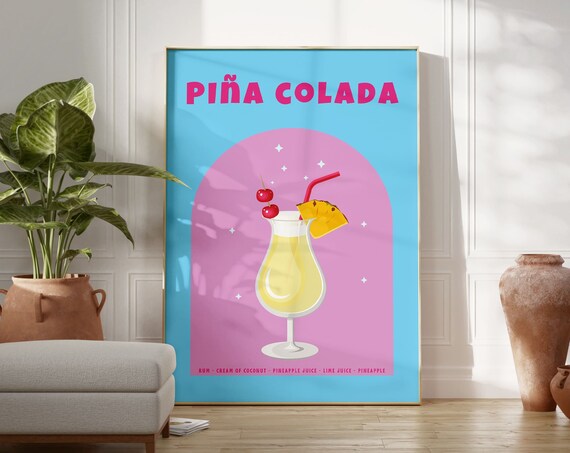 Pina Colada Cocktail Recipe Retro Blue Pink Tropical Bar Poster