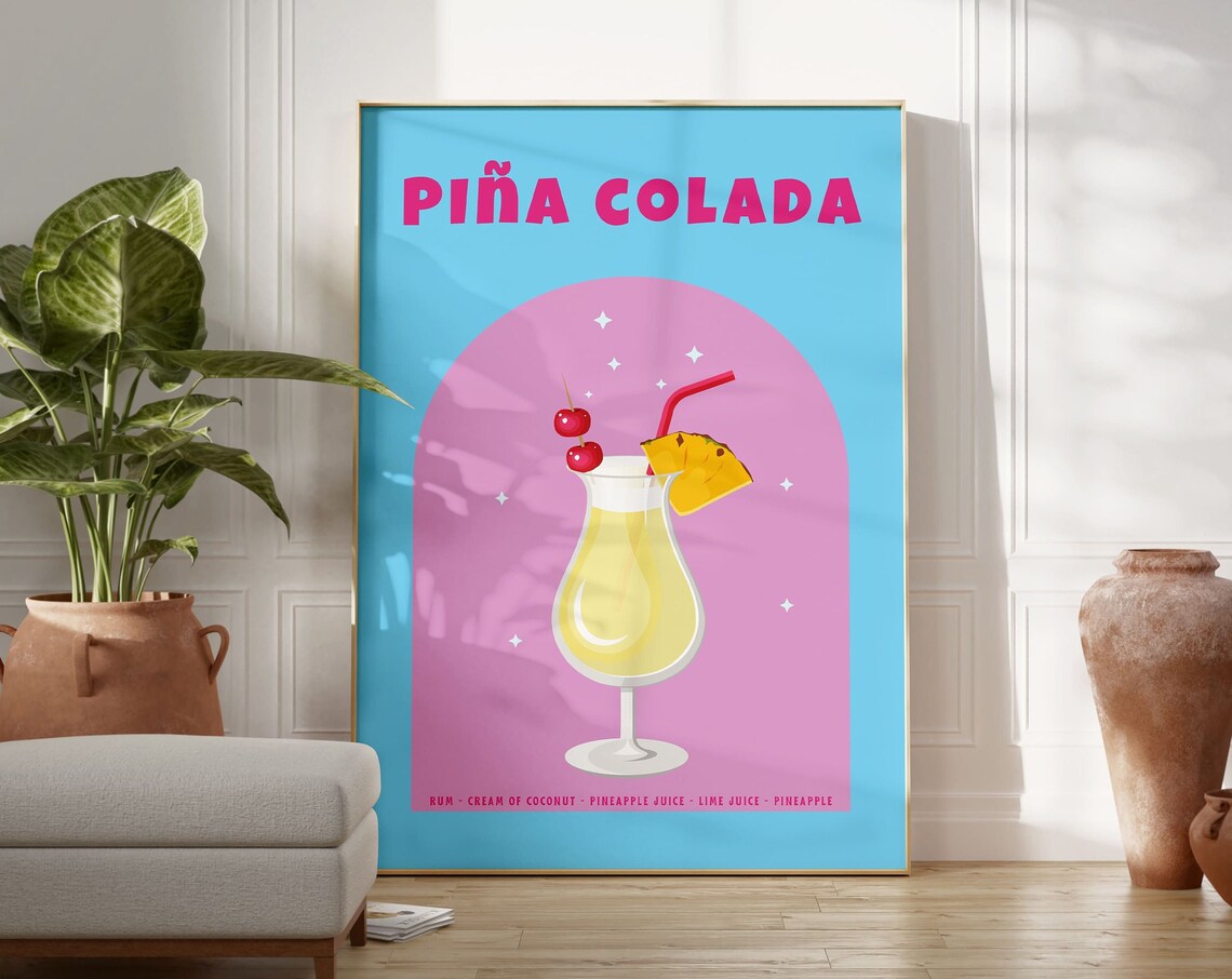 Pina Colada Cocktail Recipe Retro Blue Pink Tropical Bar Poster