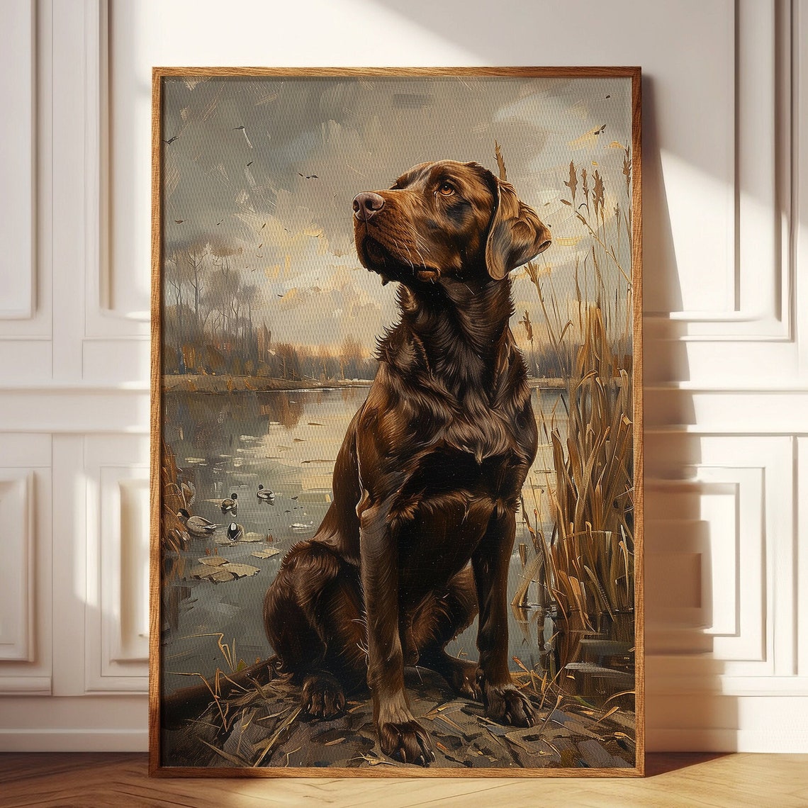 Chocolate Labrador Retriever Sitting In a Duck Marsh Painting Poster
