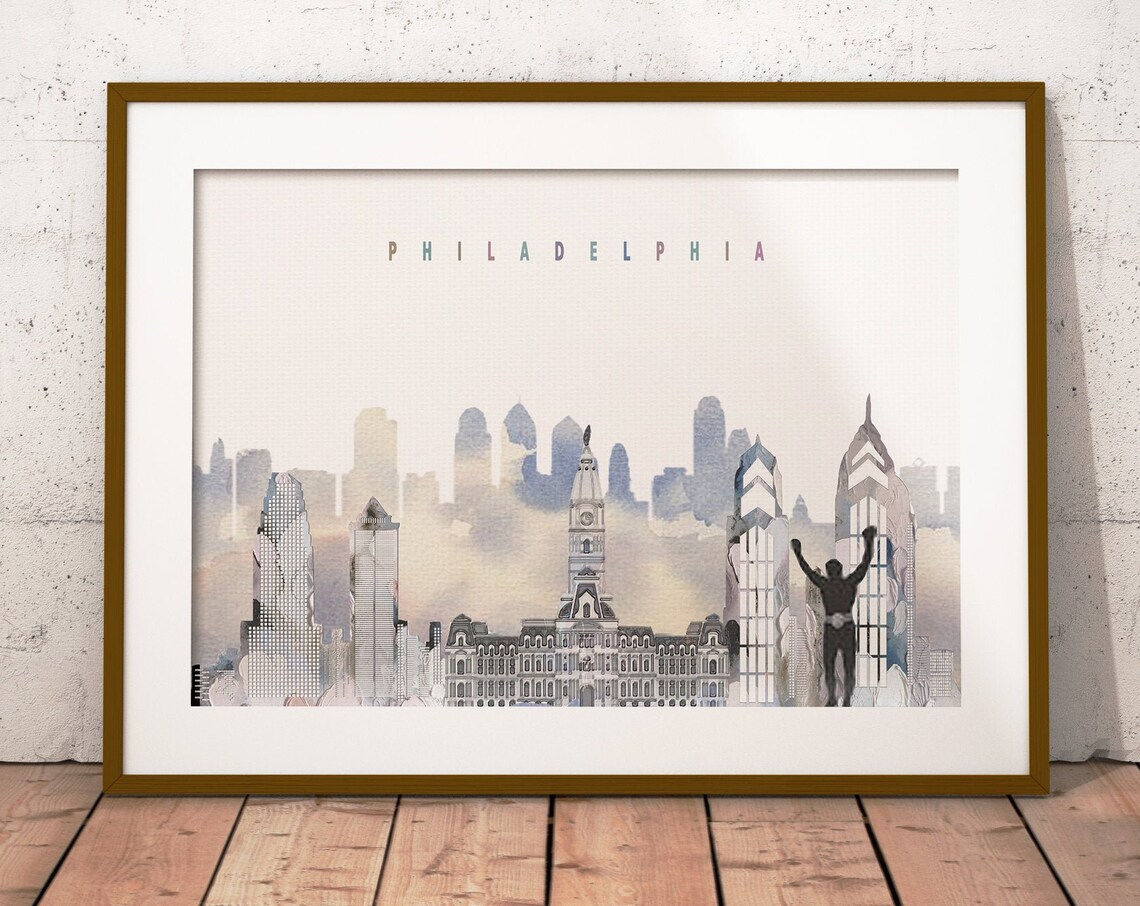 Philadelphia Skyline Watercolor With Rocky Statue Art Poster