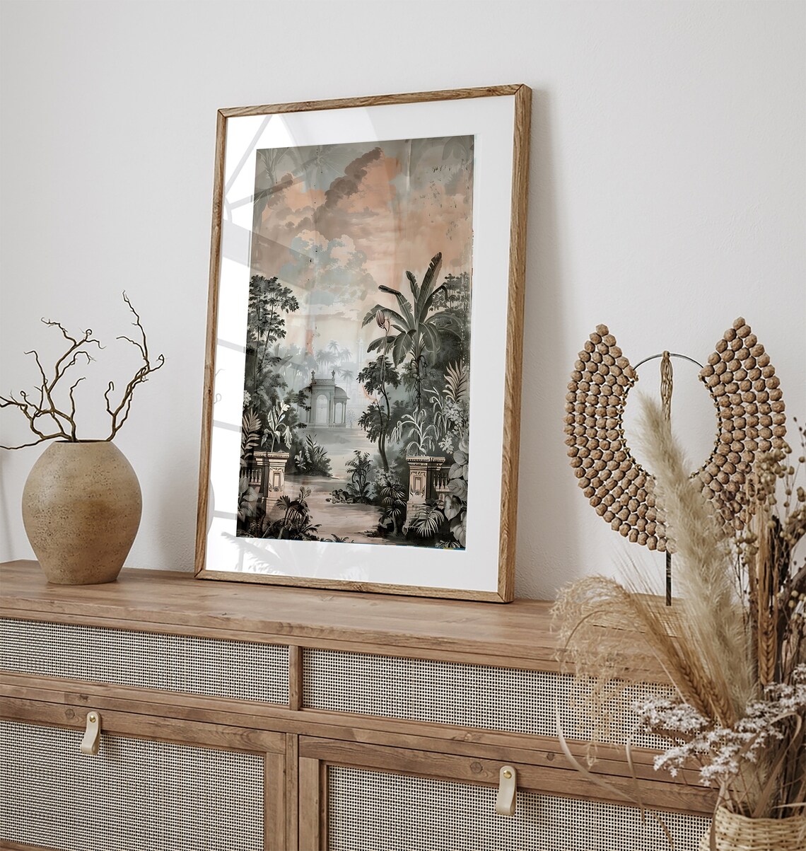 Dreamy Tropical Pavilion Garden Misty Pink Clouds Vintage Art Poster - Image 3
