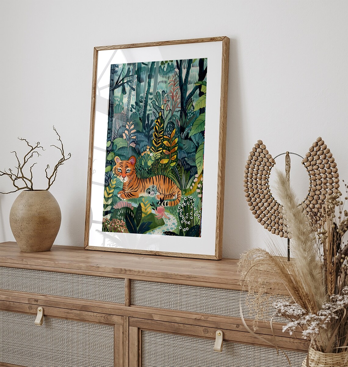 Tiger Resting in Lush Jungle Foliage Gouache Wildlife Poster - Image 2
