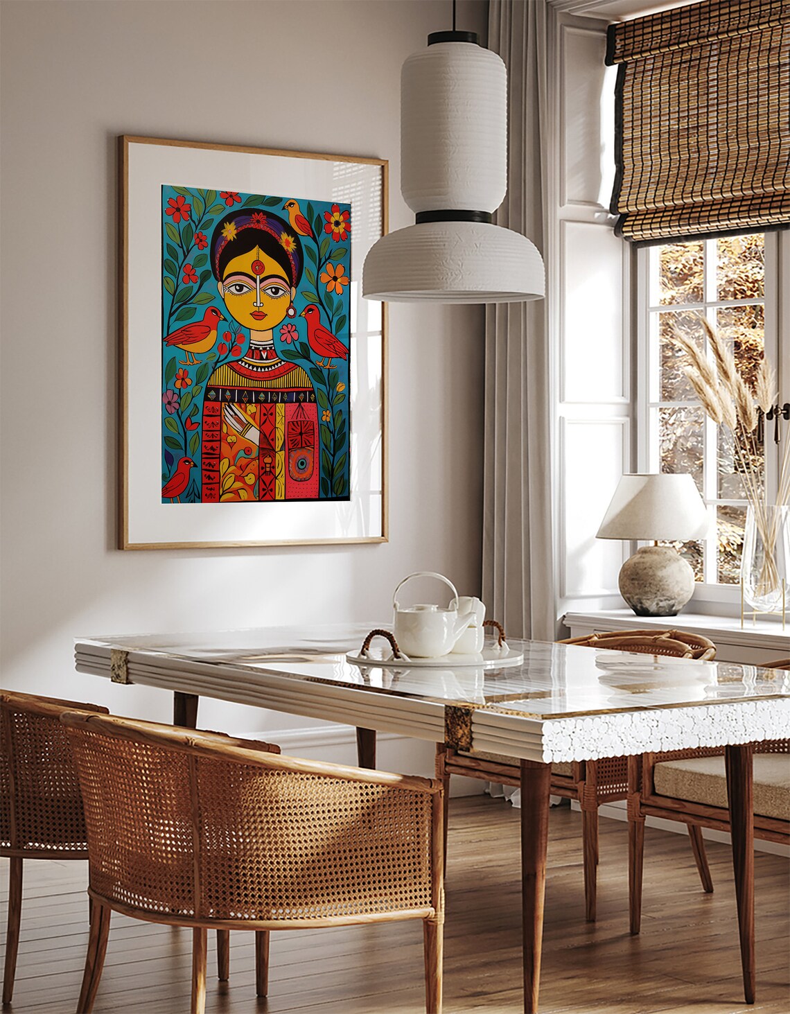 Frida Kahlo Folk Art Portrait Madhubani Birds Colorful Wall Art - Image 2