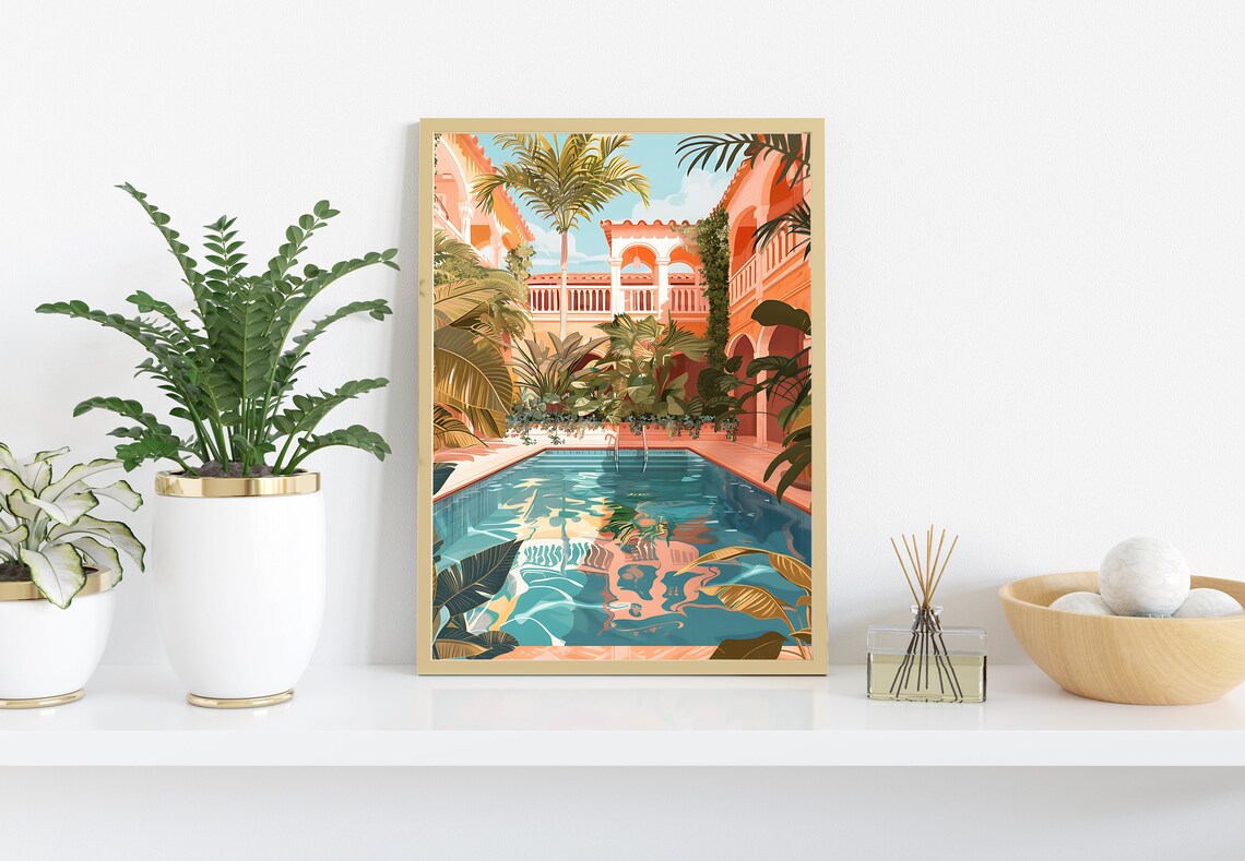 Marrakech Riad Courtyard Pool Painting Tropical Palm Travel Wall Art - Image 2