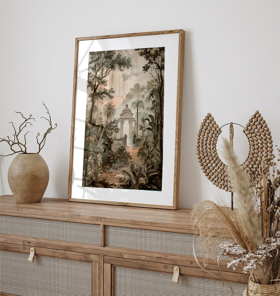 Sepia Forest Ruins Domed Gateway Tropical Palm Trees Misty Art Poster - Image 2
