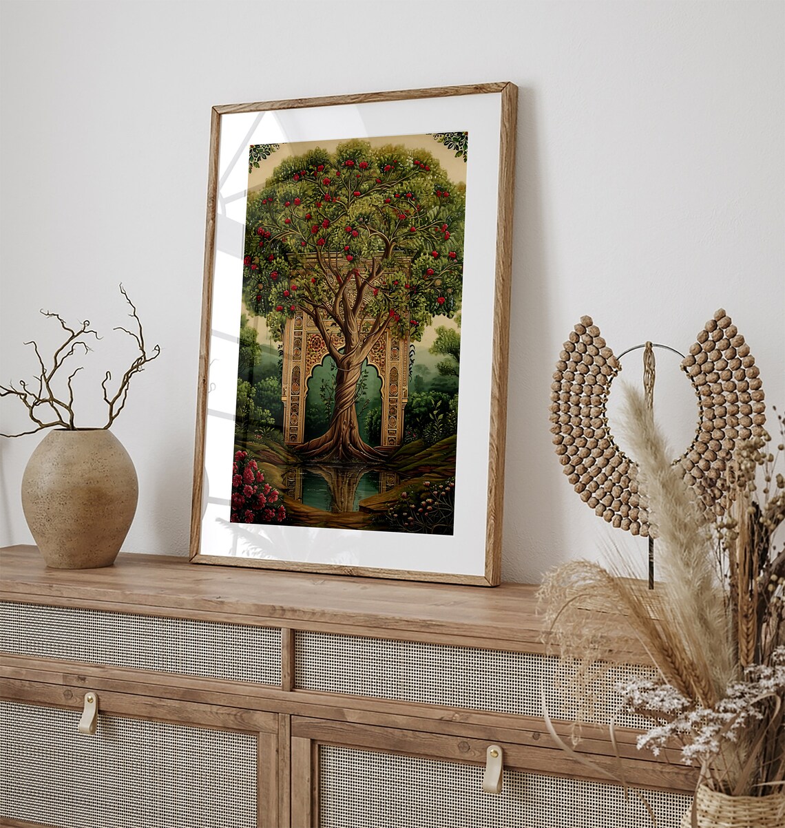 Indian Tree of Life Folk Painting Red Flowers Temple Arch Art Wall Art - Image 3