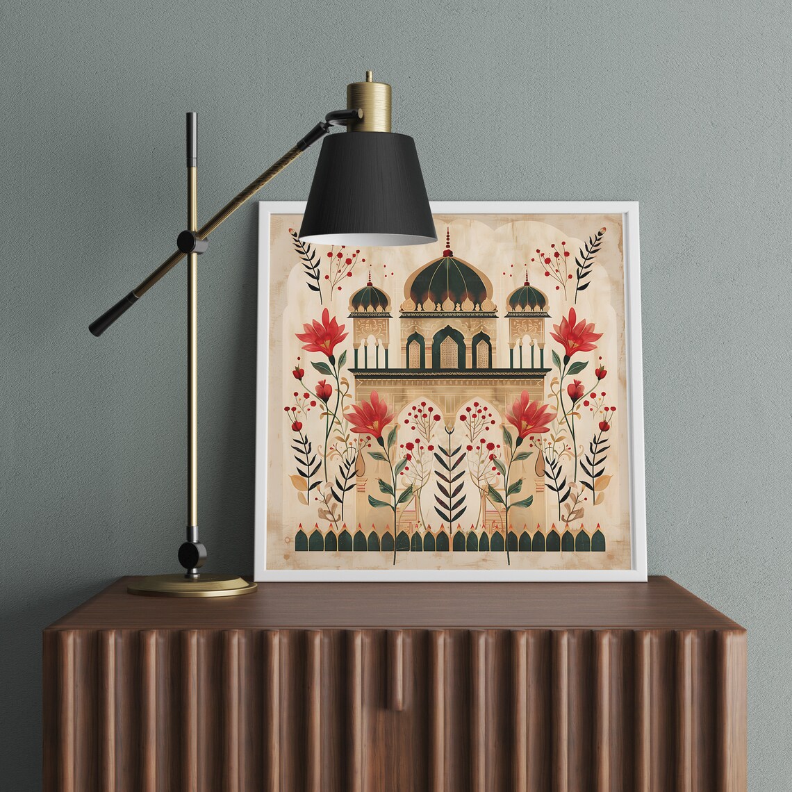 Vintage Rajasthani Domed Shrine Red Florals Aged Paper Art Poster - Image 3