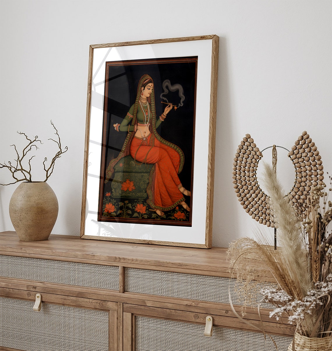 Indian Folk Wall Art Brown Woman Smoking Royal Princess Living Room Decor Indian Vintage Palace Painting Poster Wall Art - Image 3