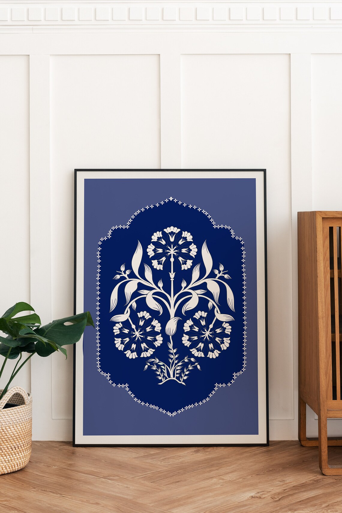 White on Blue Mughal Floral Medallion in an Arch Frame Art Poster - Image 2
