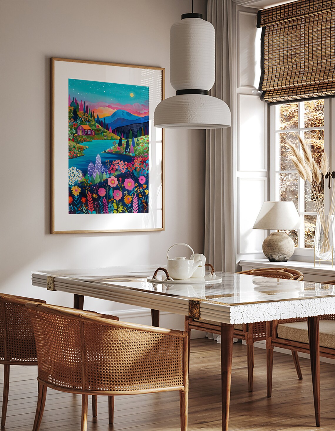 Sunset Mountain Lake Cabin Surrounded by Colorful Wildflowers Poster - Image 2