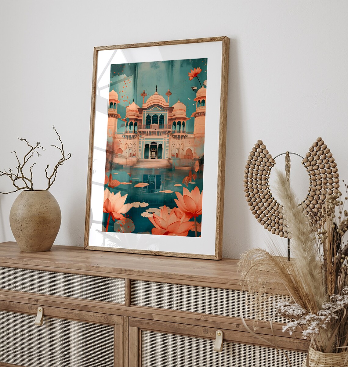Jaipur Palace Pink Lotus Blossoms Teal Water Whimsical Travel Poster - Image 3