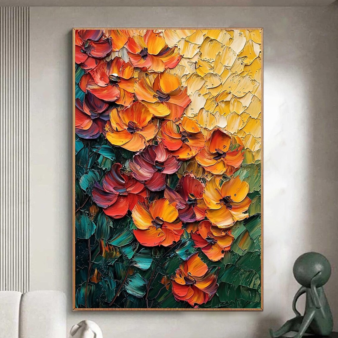 Orange Poppy Blooms Palette Knife Floral Oil Painting Poster